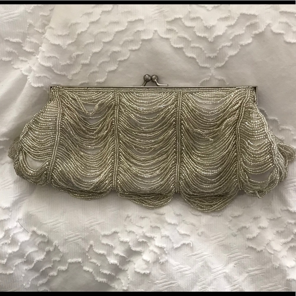 Small silver and cream evening bag